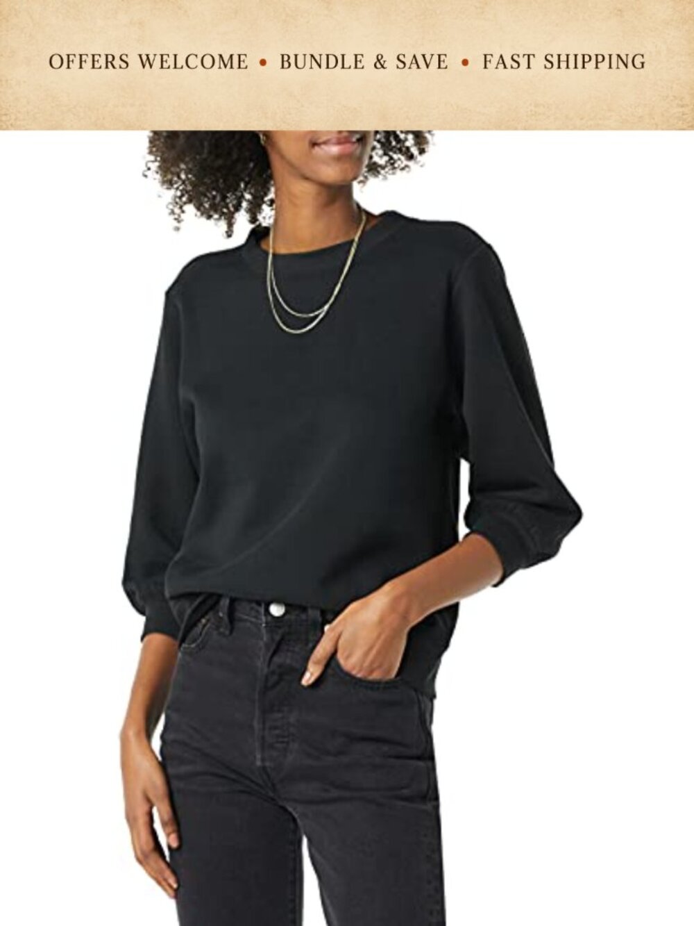 French Terry Fleece Blouson Sleeve Crewneck Sweatshirt Relaxed Fit Women